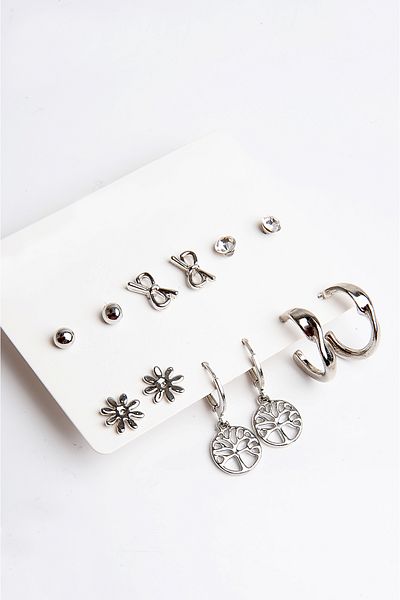EUROMODA Set of 6 Earrings with Tree of Life, Flower and Infinity Figures, Silver Color Hoop Solitaire and Ball Earrings