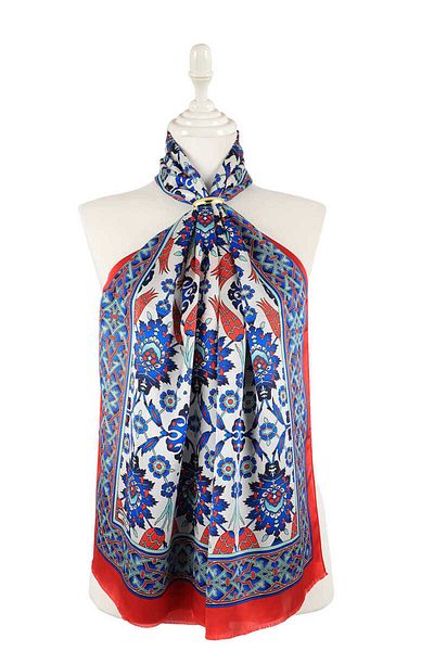 Bursa İpek Red Tile Tulip Pattern Narrow Silk Scarf