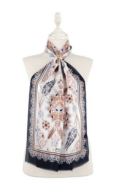 Bursa İpek Navy Blue Beige Tile Tulip Voile Silk Scarf