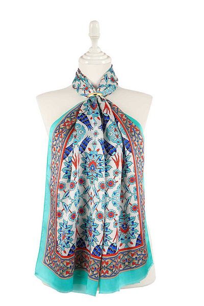 Bursa İpek Green Red Tile Tulip Silk Scarf
