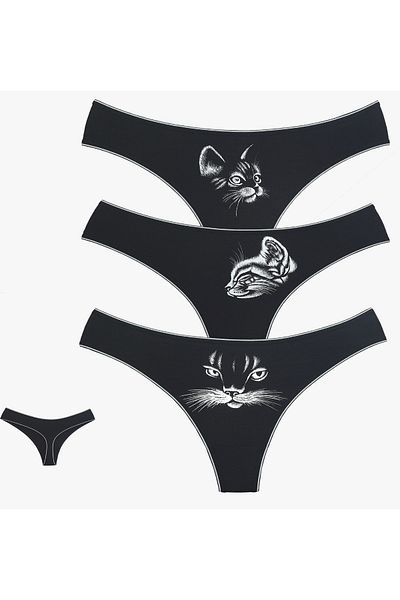 Perita.Life Women's, Black, Cat Themed String, Thong Panties (3 Pack)