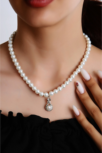 Genel Markalar Özel Tasarımlı Inci Ve Zirkon Taşlı Kolye Küpe Takı Set