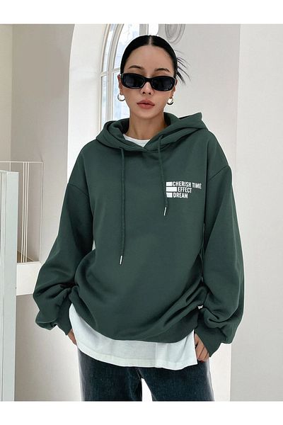 Black Sokak Dámská oversize zelená mikina s kapucí Cherish Time Printed Blacksokak