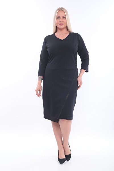 etselements فستان نسائي متوسط الطول ذو رقبة على شكل حرف V وتفاصيل مخططة بالأحجار