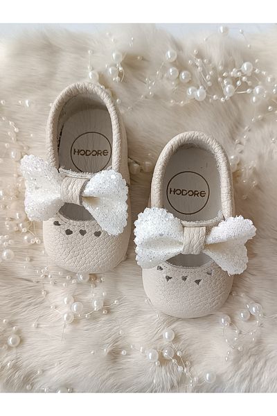 Hodore Alice Stoned Cream Genuine Leather Baby Loafer Booties