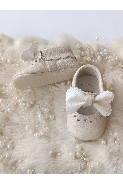 Hodore Alice Stoned Cream Genuine Leather Baby Loafer Booties