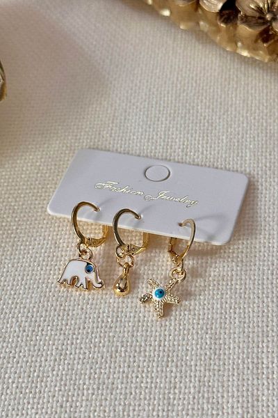 Trendy Butik مجموعة أقراط على شكل فيل وقطرة ونجم البحر