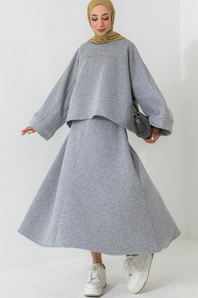 lovebox Cotton Fabric Wide Sleeve Oversize Sweatshirt Flared Skirt Gray Hijab Suit 6186