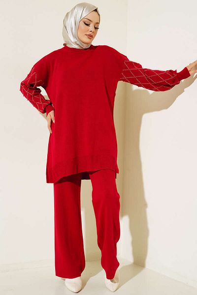 benguen 11014-15 Beaded Sleeves Knitwear Double Suit Red