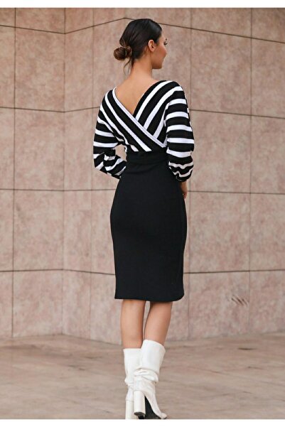 Esinty Kadın Siyah-beyaz Çizgi Desenli Kruvaze Yaka Midi Boy Triko Mezuniyet Düğün Nikah Elbisesi