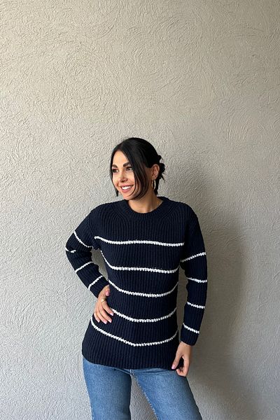 Seda Yalçın Atelier Pulover cu gât crew cu dungi albe bleumarin