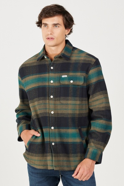 WRANGLER Loose Fit Relaxed Fit 100% Cotton Green Plaid Long Sleeve Shirt