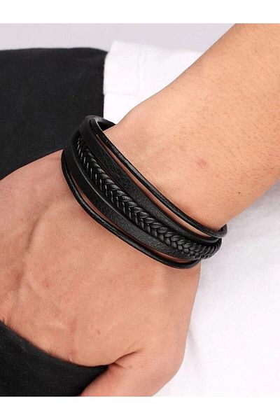 Erdem Men's Bracelet Real Genuine Leather Black 5-Piece Modern Design
