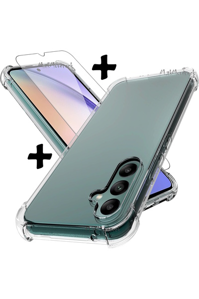 m.tk moveteck Samsung Galaxy M34 Kılıf Köşe Korumalı Darbeye Dayanıklı Şeffaf Silikon Antişok + 9H Cam 2in1 Set