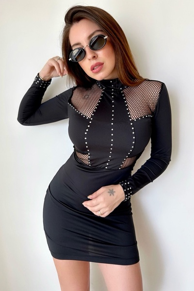 vuvutasarım Mini rochie neagră cu microțesătură imprimată cu piatră și plasă cu design special 063