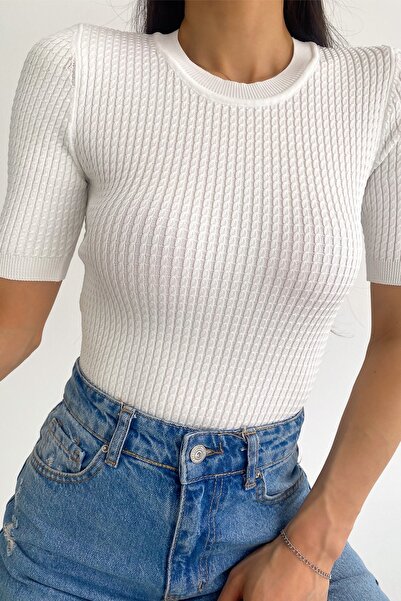 FEMELLE Γυναικεία πλεκτή μπλούζα με κοντό μανίκι Crew λαιμόκοψη