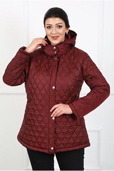 By Alba Collection Γυναικείο παλτό με καπιτονέ σε φέτες Baklava Plus Size Claret Red