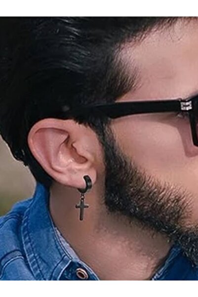 MAZEN Sıkıştırmalı Sallantılı Fake Haç Figürlü Çelik Küpe Gümüş Renk