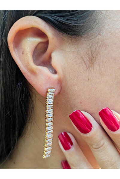 TÜKKAN ACCESSORİES Baget Su Yolu Zirkon Taş Gold Çelik Küpe-stk117