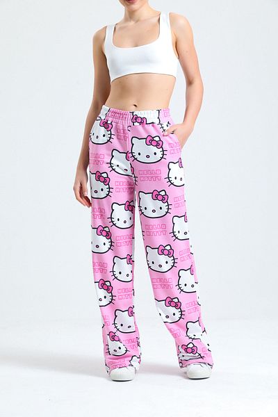 FEVİLLE بنطال رياضي نسائي باللون الوردي من Hello Kitty Cat بأرجل واسعة وخصر مطاطي