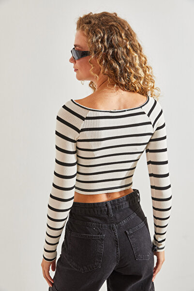 Bianco Lucci Kadın Çizgili Crop Bluz
