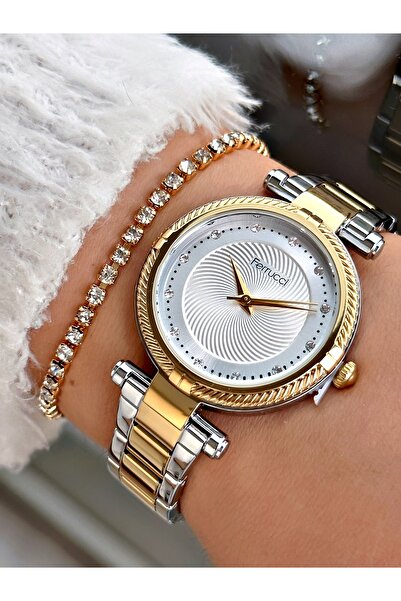 Ferrucci Altın-Gümüş Renk Çelik Kordon Şık Tasarım Taşlı Kasa Kadın Kol Saati...