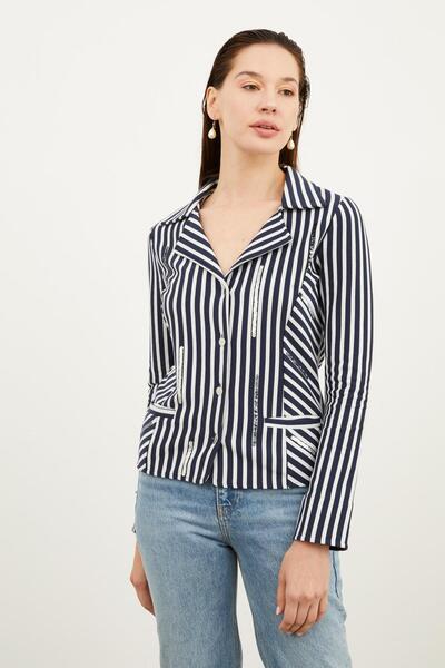 Hanna's by Hanna Darsa Pul Süslemeli Önden Düğmeli Cep Detaylı Çizgili Ceket