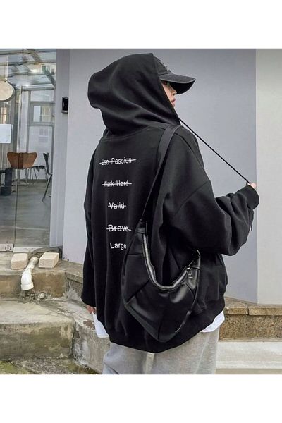 SELENA BUTİK Unisex Black Zip Back Printed Cardigan
