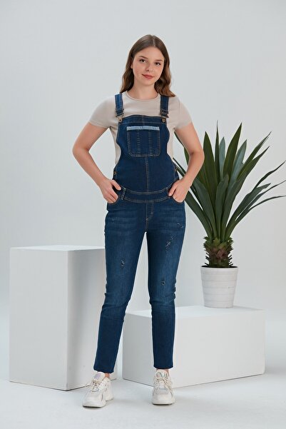 Gör&Sin Cep Detaylı Yırtıklı Hamile Mavi Salopet