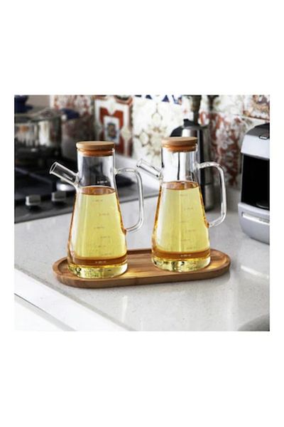 devigo 2x900 ML Glass Oil Bottle Set with Stand - Milk Bowl, Sauce Bowl, Bamboo Lid, Vacuum Borosilicate