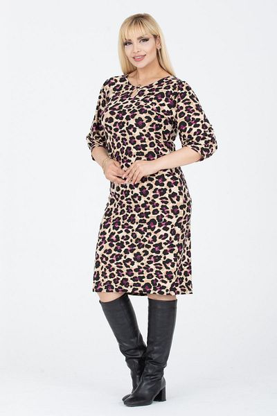 Madwilo Women's Purple Beige Leopard Pattern Drop Collar Balloon Sleeve Plus Size Flexible Suede Dress