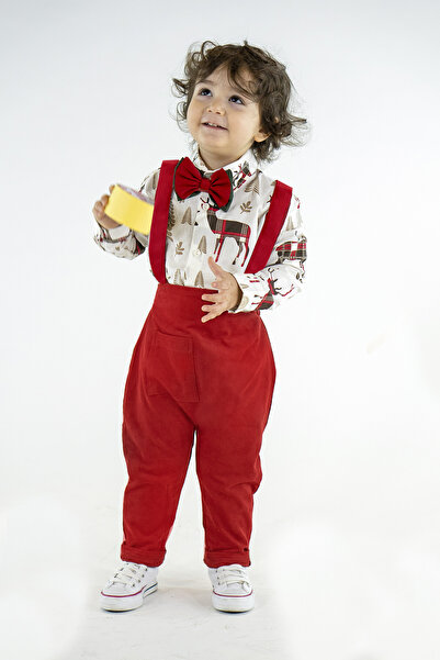 Catz Kids Red Gabardine Harem Salopet + Deer Pattern Shirt + Bow Tie