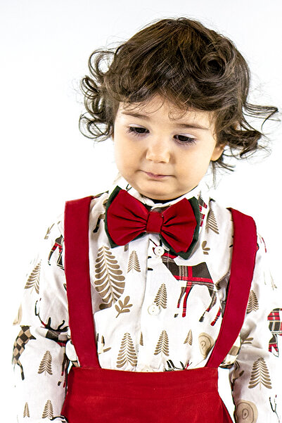 Catz Kids Red Gabardine Harem Salopet + Deer Pattern Shirt + Bow Tie