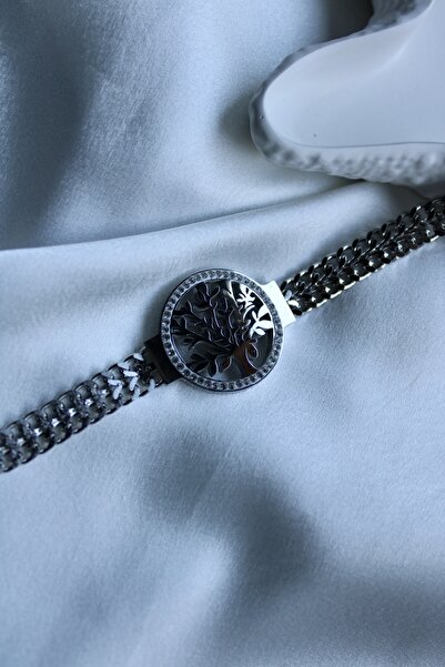 Dropaksesuar Hayat Ağacı Model Zirkon Taşlı Çelik Bileklik