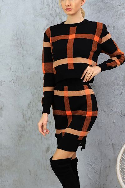 NKTCOLLECTİON Set de tricotaje pentru damă, cu model în carouri NEGRE, mini fustă