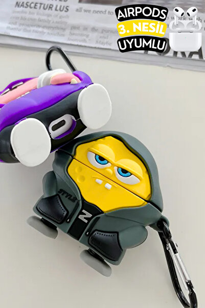 EWEC 3.Nesil Uyumlu Hoodie Tasarım Sünger Bob Figürlü Koruyucu Silikon Kulaklık Kılıfı