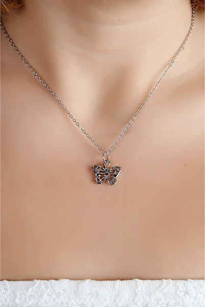 EUROMODA Butterfly Designed Silver Color Necklace Earring Set