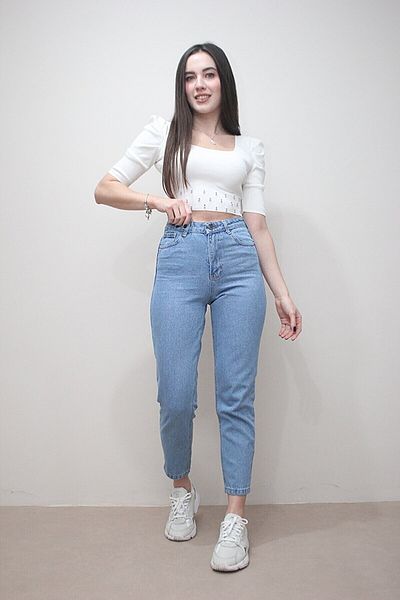 Lixera Pantaloni Mom Jean Lizza albastru deschis din Lycra