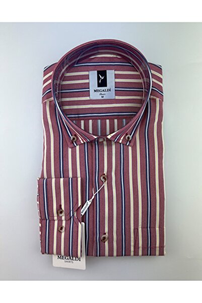 MEGALDİ Erkek Klasik Kesim Kırmızı Çizgili Uzun Kollu Gömlek