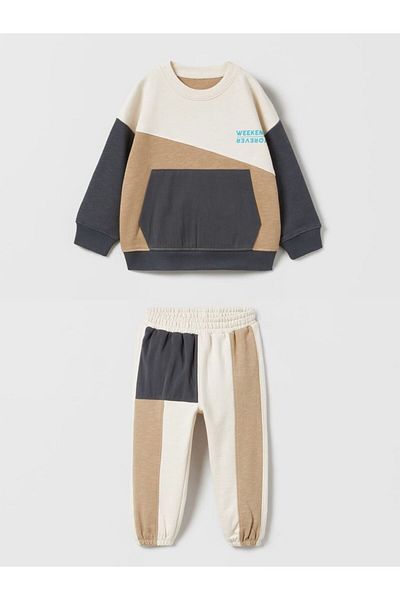 Pink Hippo Kids Contrast Block Colored Sweatshirt Tracksuit Kids Bottom Top Set