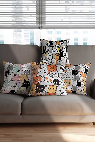 Hayal Dekoratif Kedi Desenli Dijital Baskılı 4'lü Kırlent Kılıfları