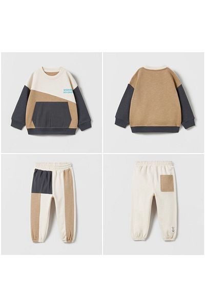 Pink Hippo Kids Contrast Block Colored Sweatshirt Tracksuit Kids Bottom Top Set