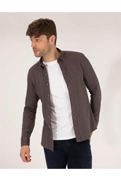 Pierre Cardin Καφέ Slim Fit Μακρυμάνικο Πουκάμισο ELİFSU BUTİKHOME