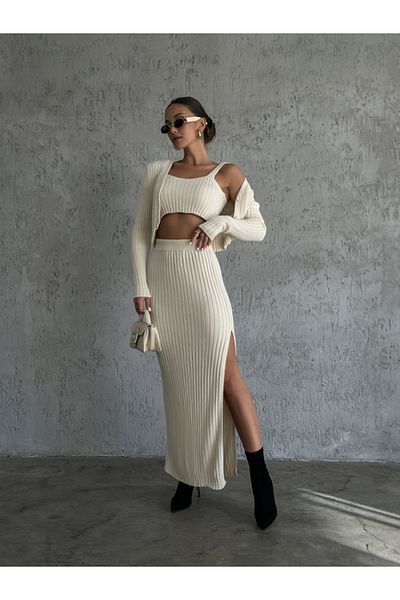 Elif Özbey Butik Triple Ecru Knitwear Set - With Skirt