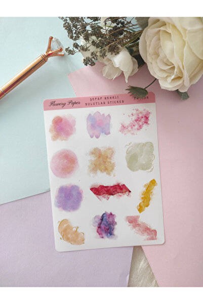 Flowery Paper Şeffaf Renkli Bulutlar Sticker Sayfası- Defter ,Ajanda , Journa...