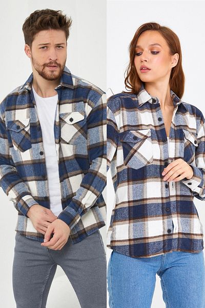 Tarz Cool Unisex Μπλε-καφέ Πουκάμισο ξυλοκόπο με διπλό πτερύγιο τσέπης - μονό Τιμή