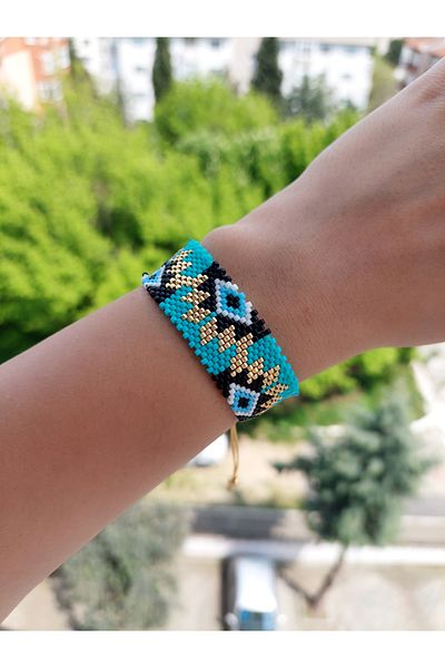BUNİTA DESİGN Eye Detail Miyuki Beaded Handmade Adjustable Woven Cuff Miyuki Bracelet