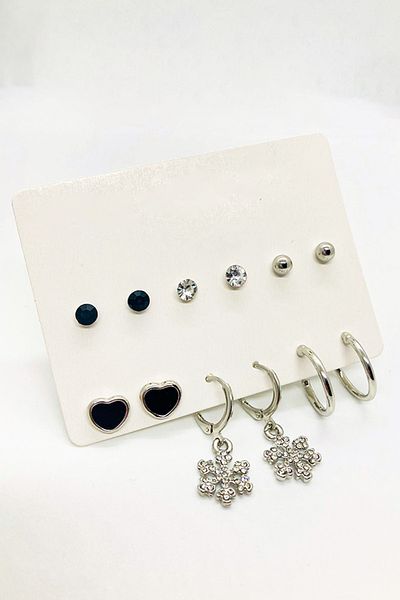 EUROMODA Set of 6 Earrings with Snowflake Design, Heart Solitaire and Ball Earrings