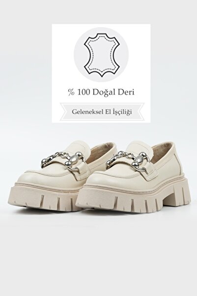 TUNAELLİ KADIN BEJ HAKİKİ DOĞAL DERİ TOKALI LOAFER AYAKKABI