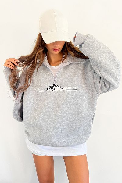 Sun Victoria Unisex Gray Polo Neck Oversize 3 Thread Raster Embroidered Sweatshirt